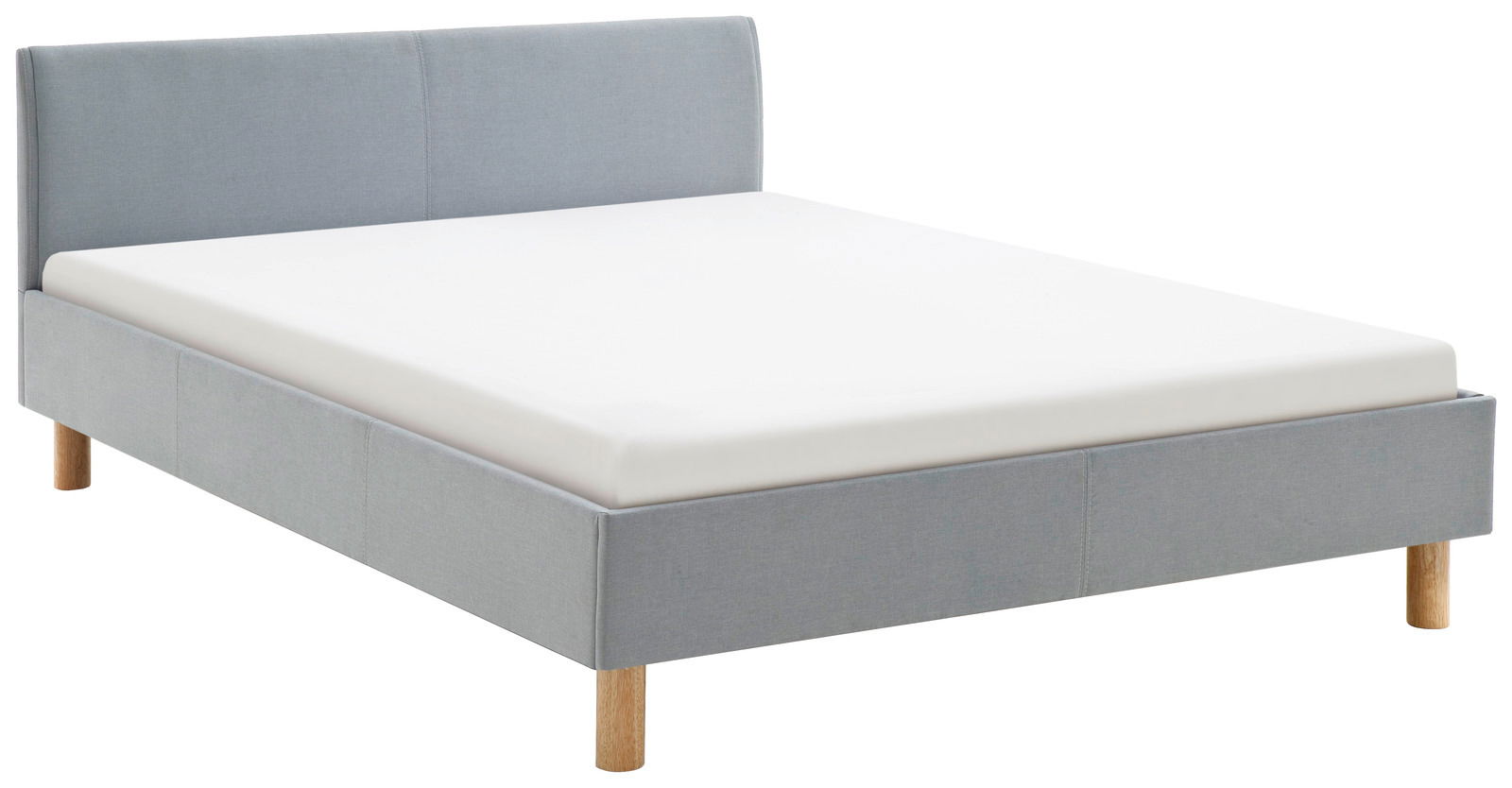 Graues Polsterbett mit Holzfüßen, seitliche Perspektive