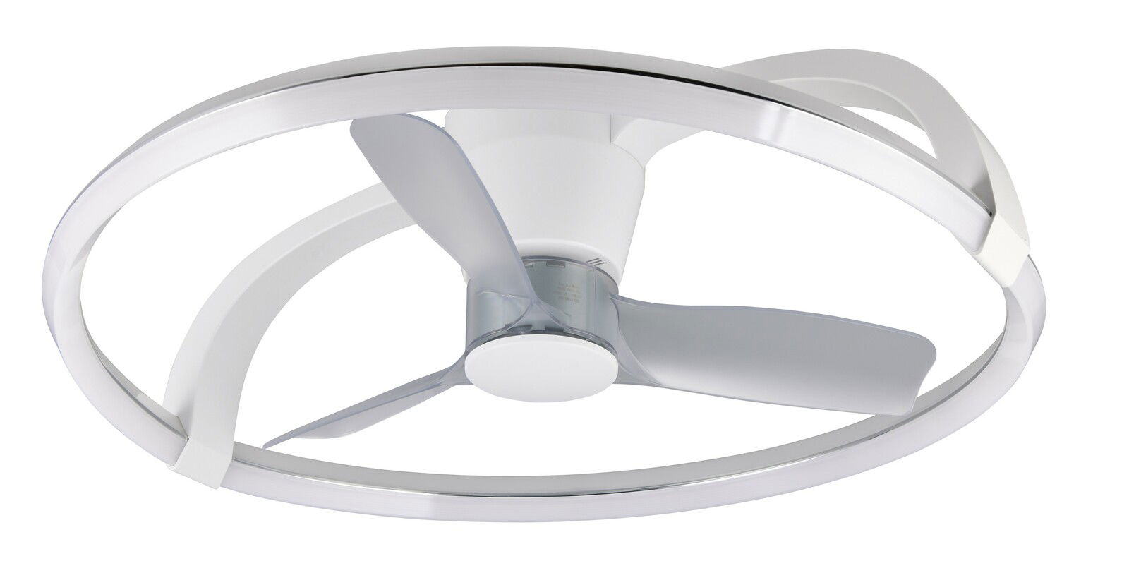 Moderner Deckenventilator mit drei Flügeln und elegantem Ringdesign, seitliche Perspektive