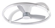Moderner Deckenventilator mit drei Flügeln und elegantem Ringdesign, seitliche Perspektive