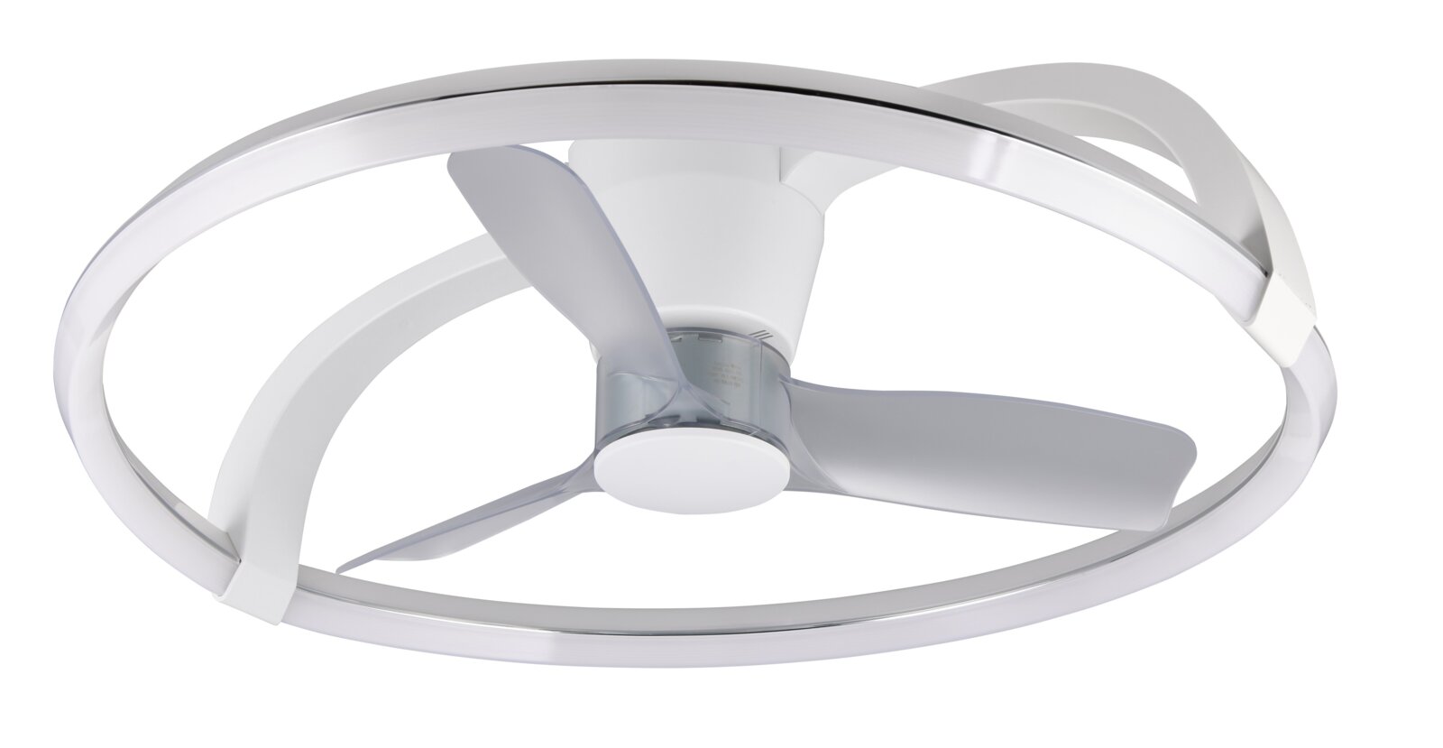 Moderner Deckenventilator mit drei Flügeln und elegantem Ringdesign, seitliche Perspektive