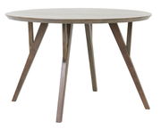 Runder Esstisch aus Holz mit vier schrägen Beinen, seitliche Perspektive