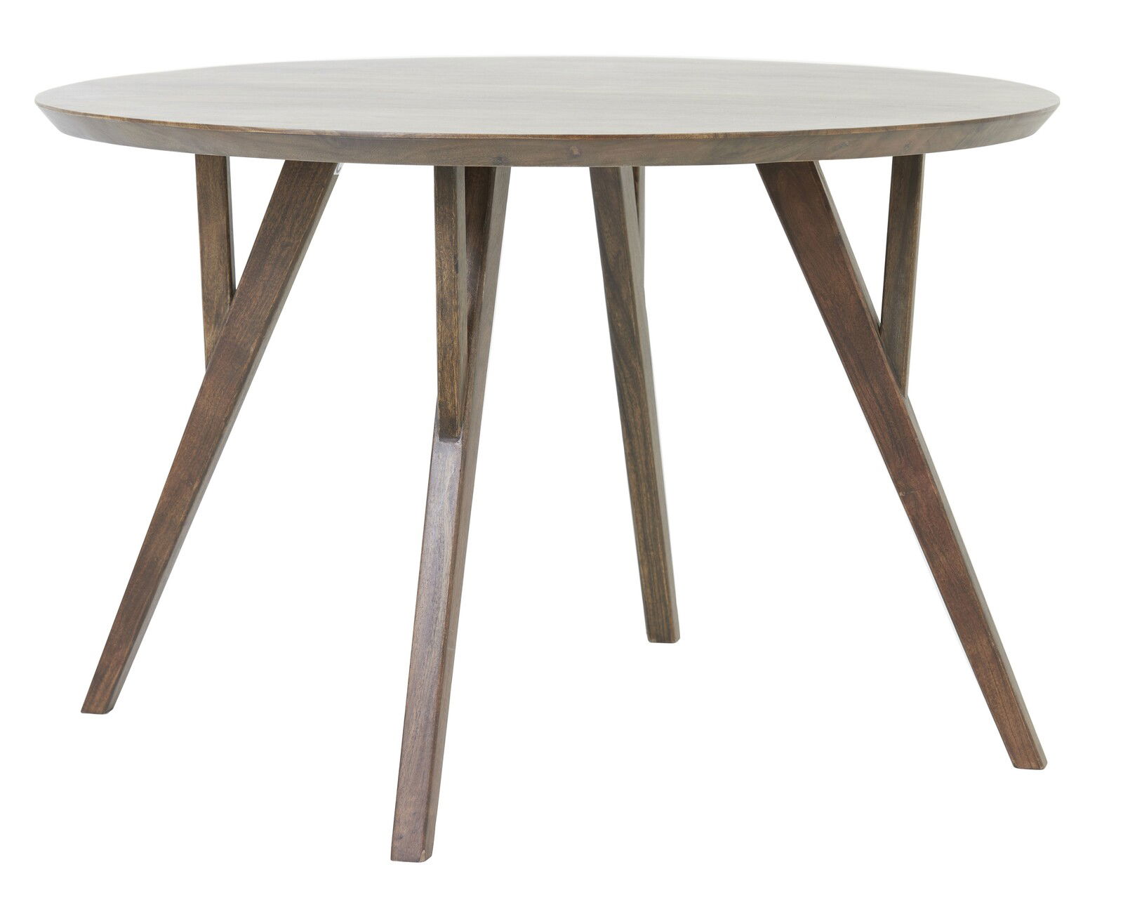 Runder Esstisch aus Holz mit vier schrägen Beinen, seitliche Perspektive