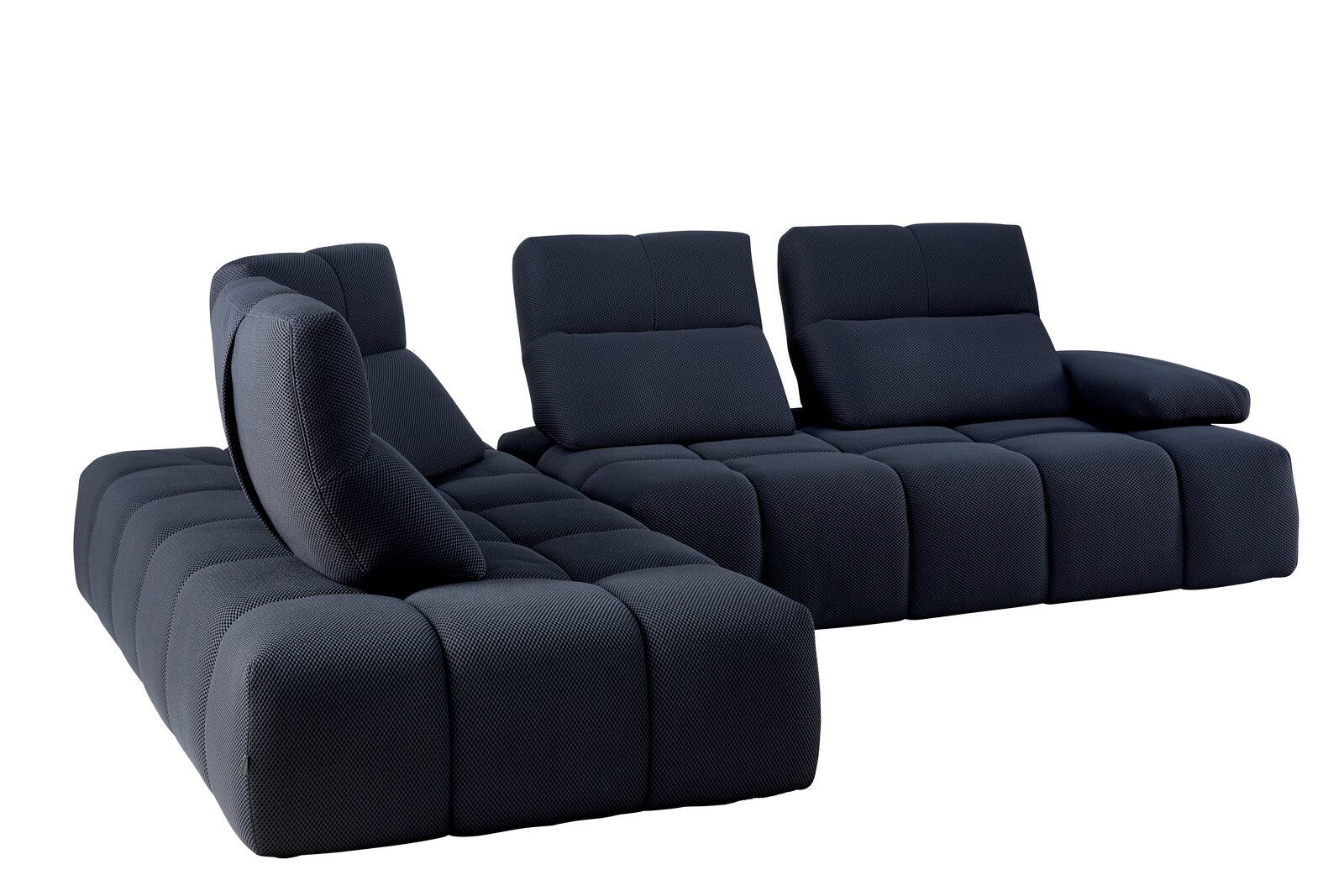 Moderne Eckgarnitur in dunklem Stoff, seitliche Perspektive