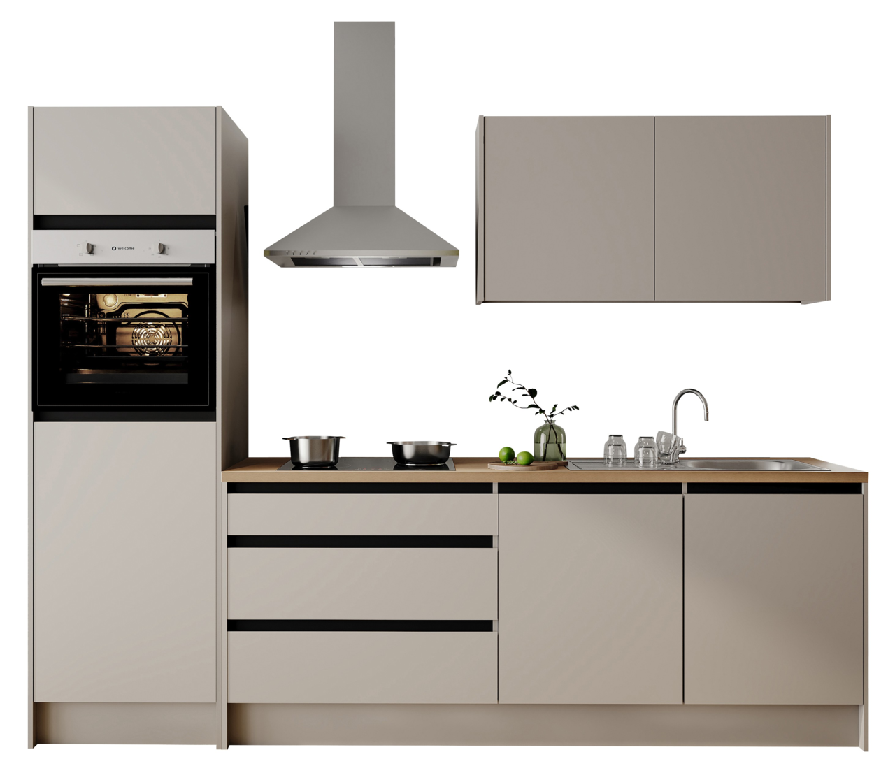 Yourkitchen Küchenblock Basis 273 TROJA Moderne Küchenzeile in neutralen Tönen mit eingebautem Backofen, Dunstabzugshaube, Kochfeld, Spüle und Oberschrank, frontale Ansicht.