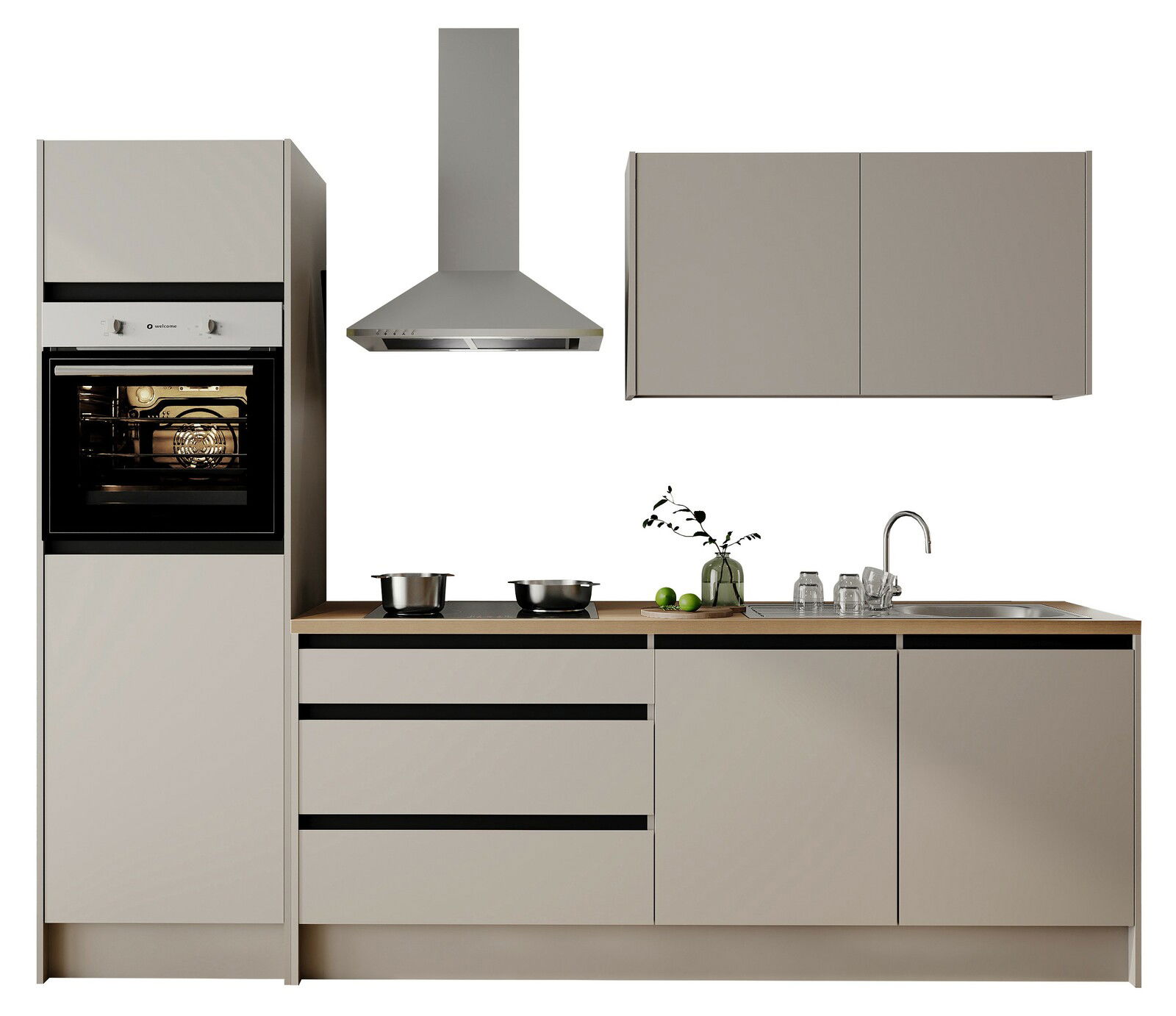 Moderne Küchenzeile in neutralen Tönen mit eingebautem Backofen, Dunstabzugshaube, Kochfeld, Spüle und Oberschrank, frontale Ansicht.