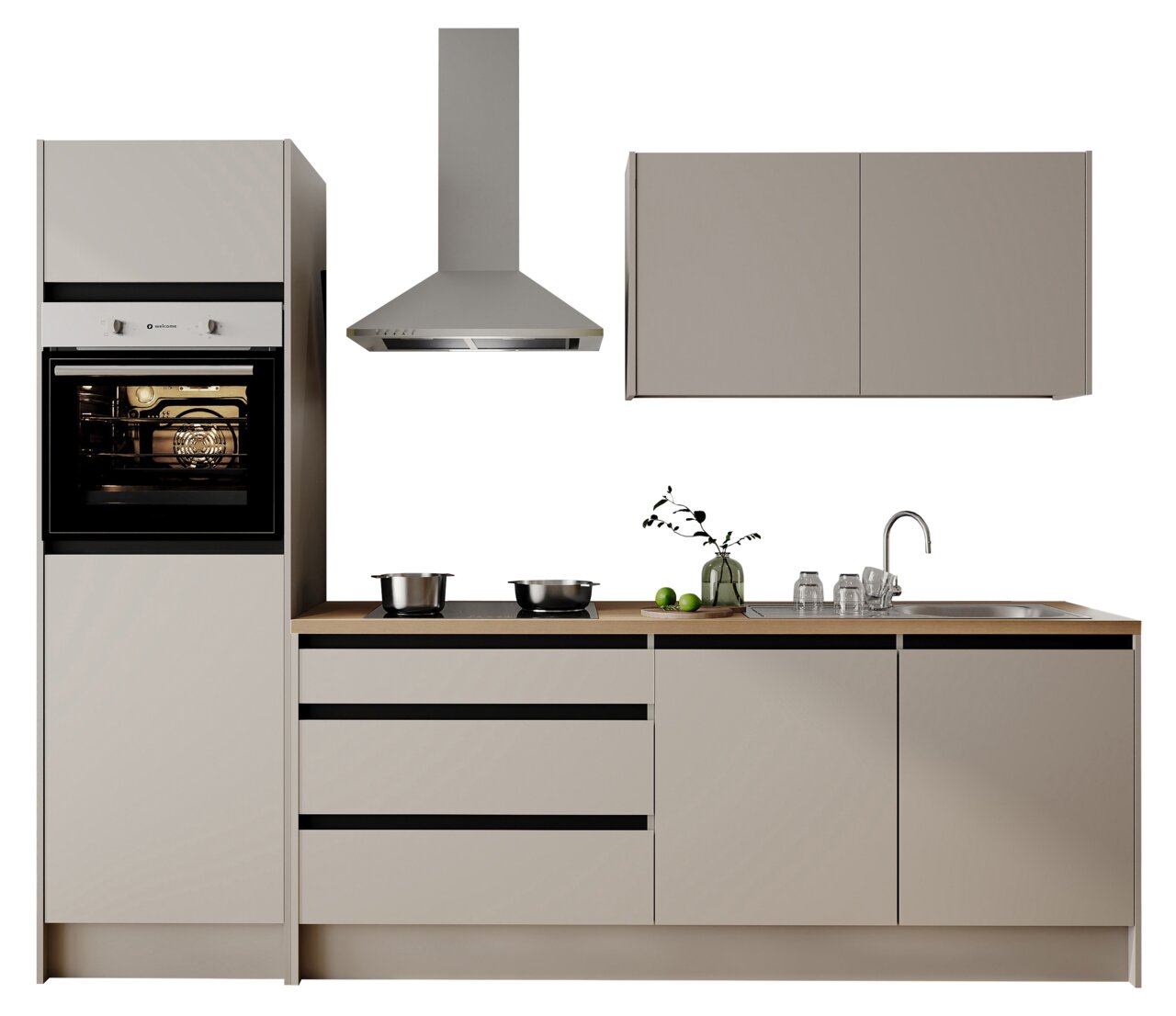 Yourkitchen Keukenblok Basis 273 TROJA Moderne keukenblok in neutrale tinten met ingebouwde oven, afzuigkap, kookplaat, spoelbak en bovenkast, gezien van voren.