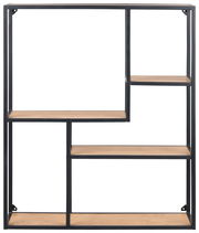 Frontale Ansicht eines modernen Wandregals mit schwarzem Metallrahmen und Holzböden in verschiedenen Höhen.