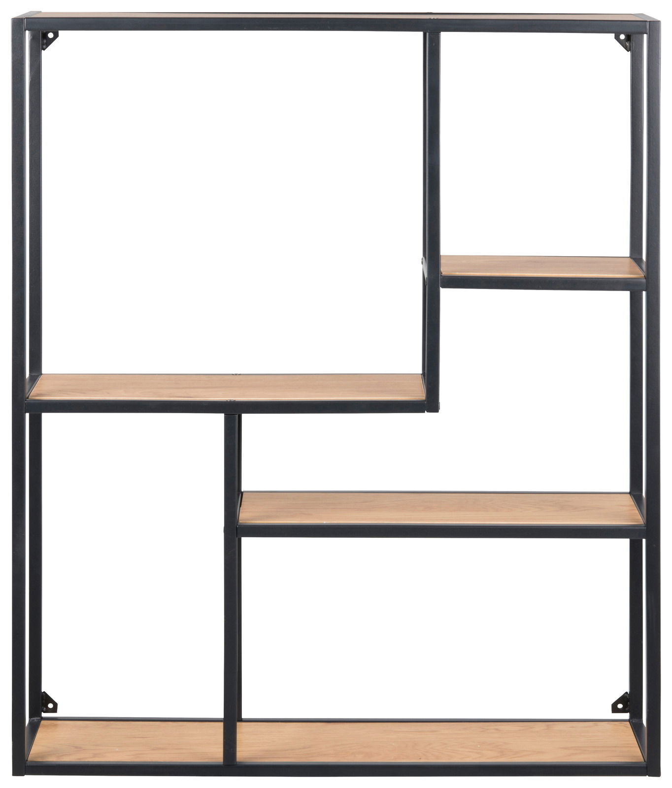 Frontale Ansicht eines modernen Wandregals mit schwarzem Metallrahmen und Holzböden in verschiedenen Höhen.