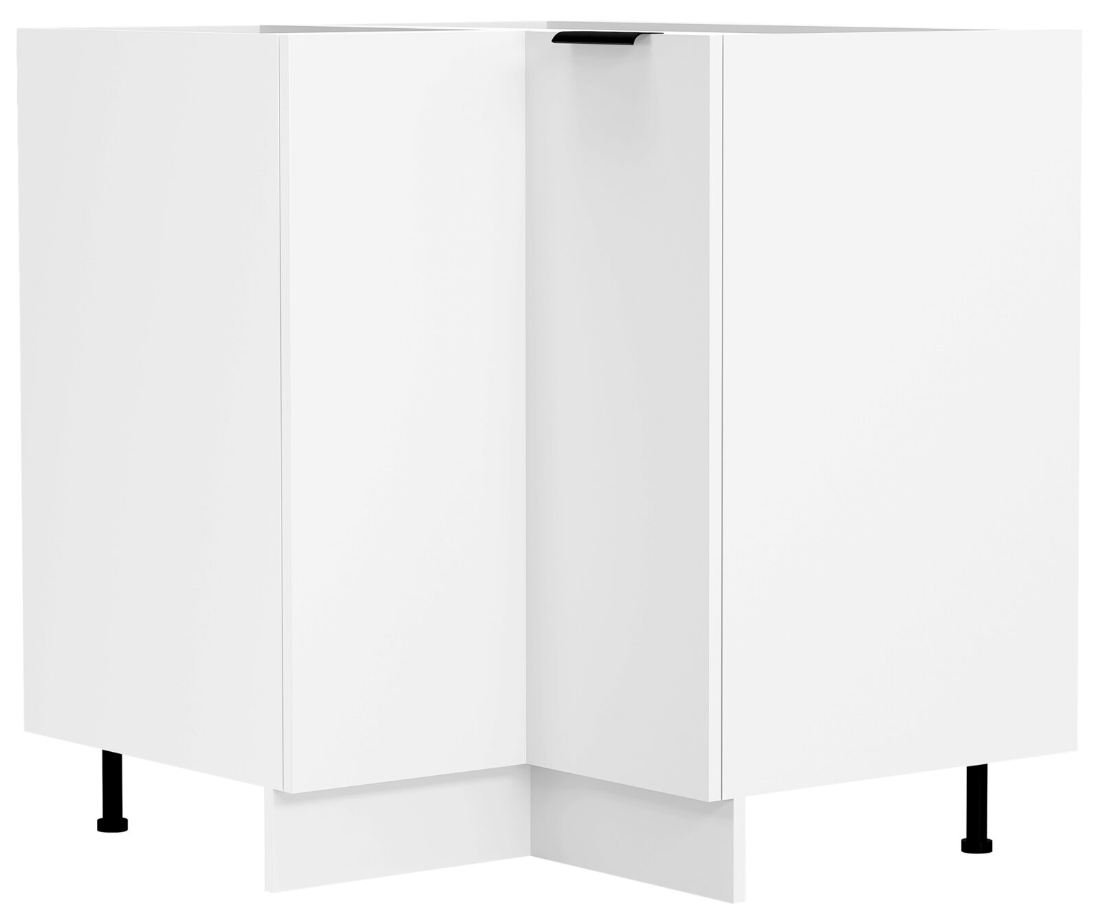 Weißer Eck-Unterschrank mit zwei Türen und schwarzen Stellfüßen, freigestellt auf weißem Hintergrund, Ansicht schräg von vorn (Eckperspektive)