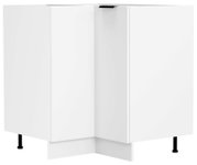 Weißer Eck-Unterschrank mit zwei Türen und schwarzen Stellfüßen, freigestellt auf weißem Hintergrund, Ansicht schräg von vorn (Eckperspektive)