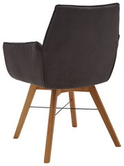 Rückansicht eines Armlehnenstuhls mit dunklem Polster und Holzbeinen