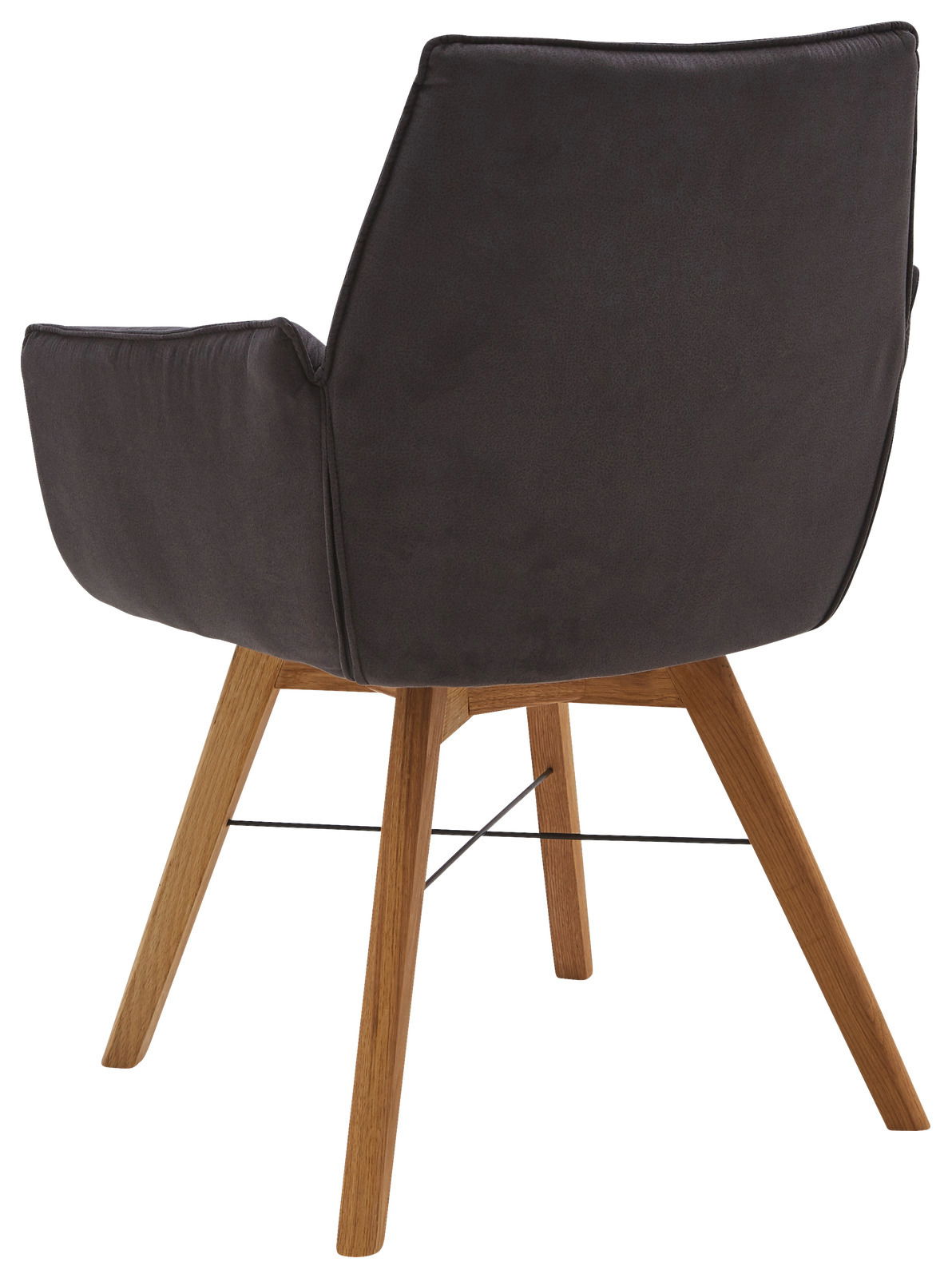 Rückansicht eines Armlehnenstuhls mit dunklem Polster und Holzbeinen