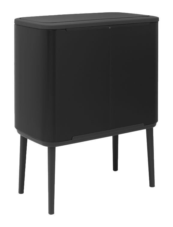Brabantia Abfalleimer BO Schwarzer Abfalleimer mit modernem Design, auf vier Beinen stehend, seitliche Perspektive