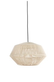 Frontaal aanzicht van een hanglamp met geometrische kap van naturel koord en een zwart snoer tegen een witte achtergrond