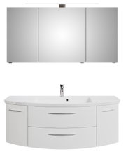 Moderne Badkombination mit dreiteiligem Spiegelschrank und geschwungenem Waschtisch, Frontalansicht
