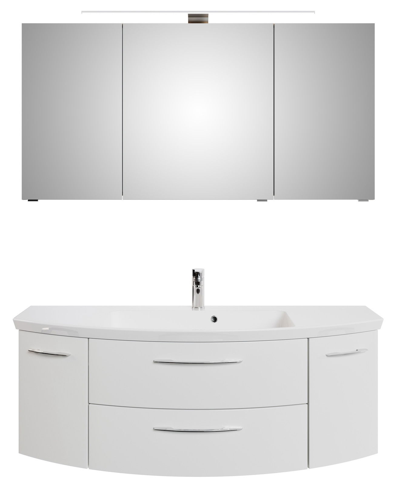 Moderne Badkombination mit dreiteiligem Spiegelschrank und geschwungenem Waschtisch, Frontalansicht