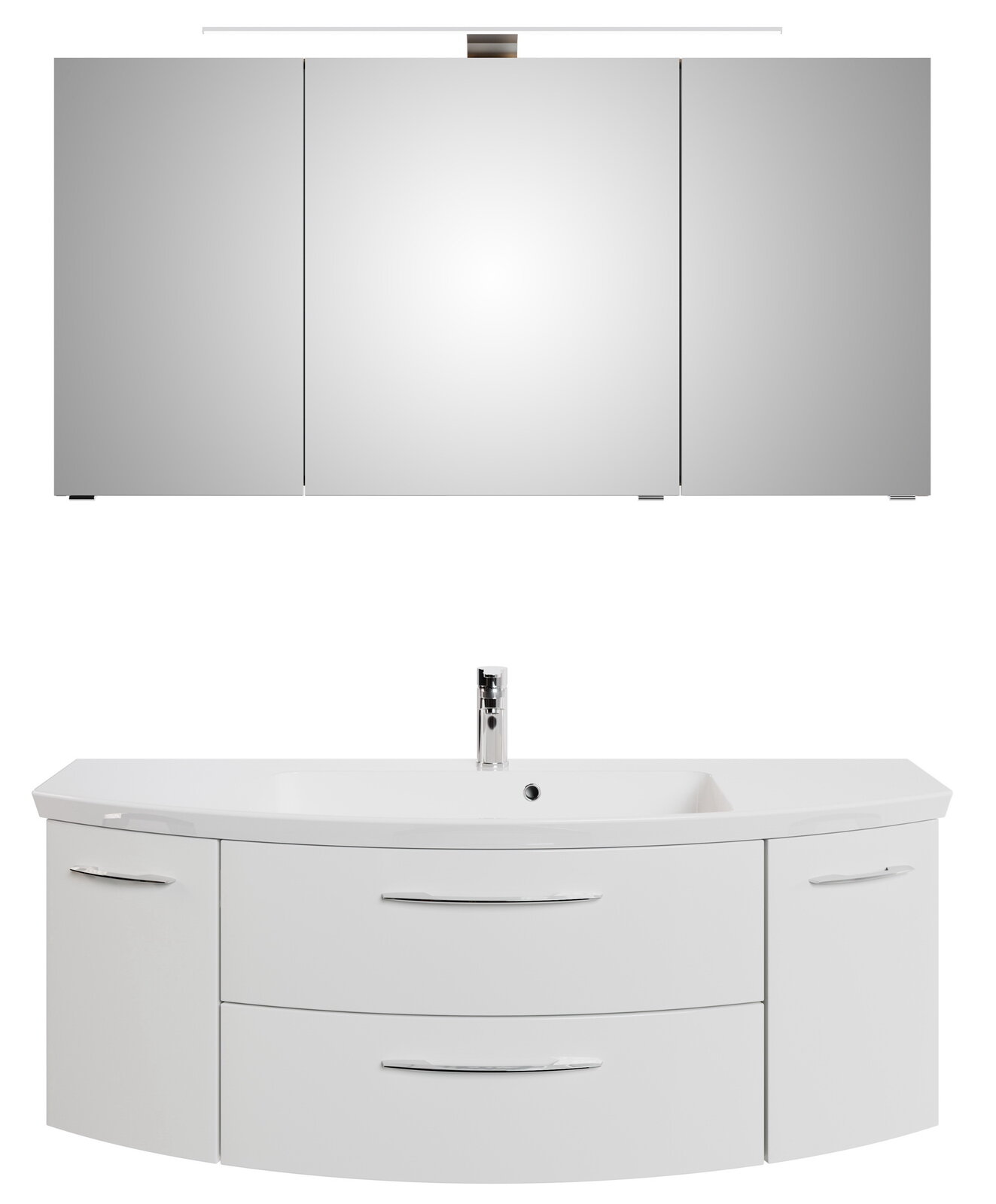 Sadena Badkombination 3-tlg. PLAKA Moderne Badkombination mit dreiteiligem Spiegelschrank und geschwungenem Waschtisch, Frontalansicht