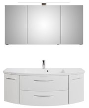 Moderne Badkombination mit dreiteiligem Spiegelschrank und geschwungenem Waschtisch, Frontalansicht