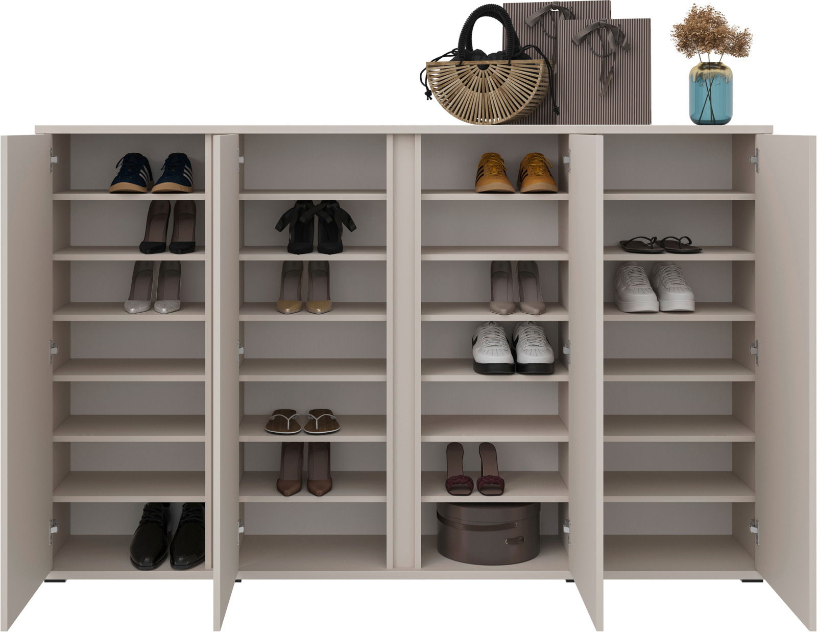 Moderner Schuhschrank mit mehreren offenen Türen, gefüllt mit verschiedenen Schuhen und dekorativen Gegenständen auf der Oberseite, frontal betrachtet.