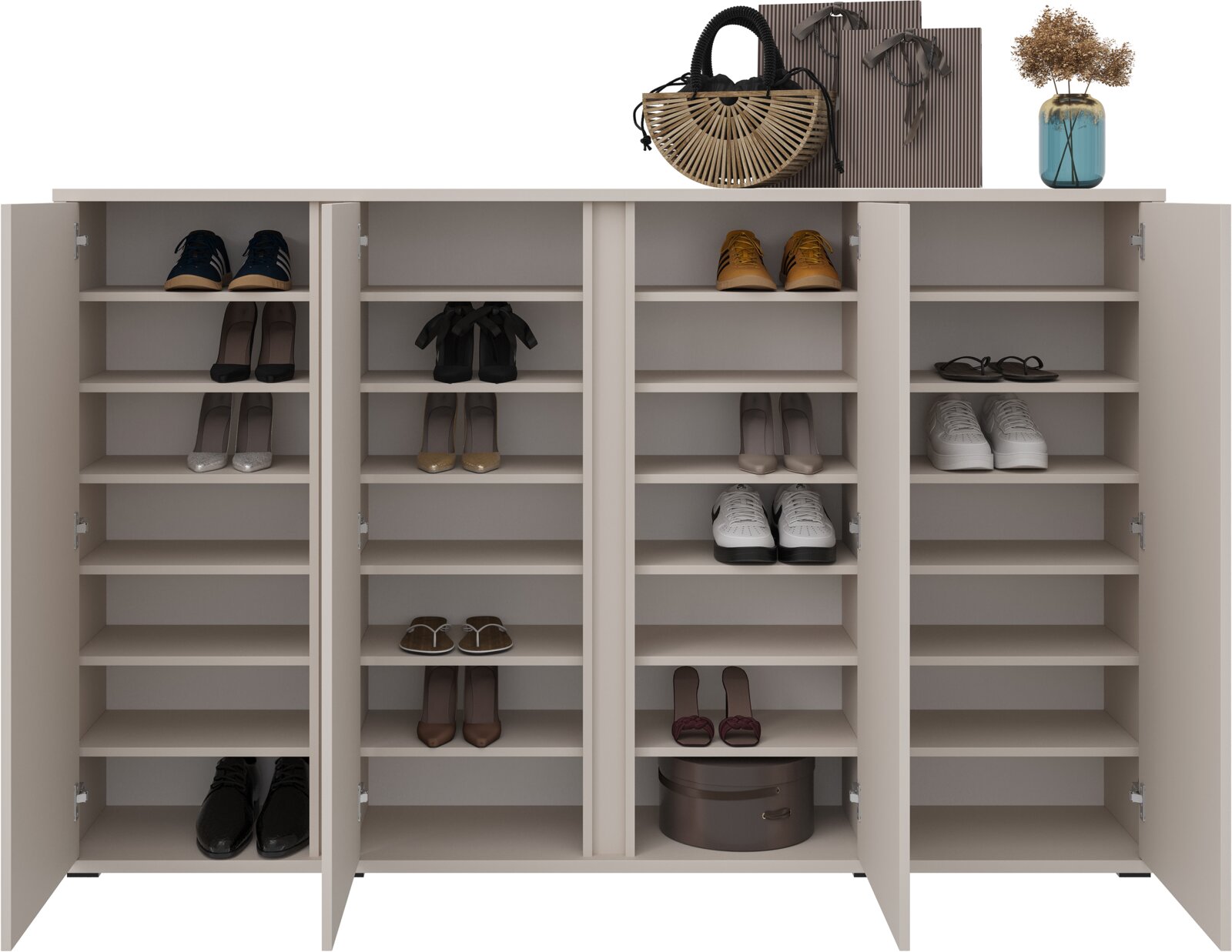 Moderner Schuhschrank mit mehreren offenen Türen, gefüllt mit verschiedenen Schuhen und dekorativen Gegenständen auf der Oberseite, frontal betrachtet.