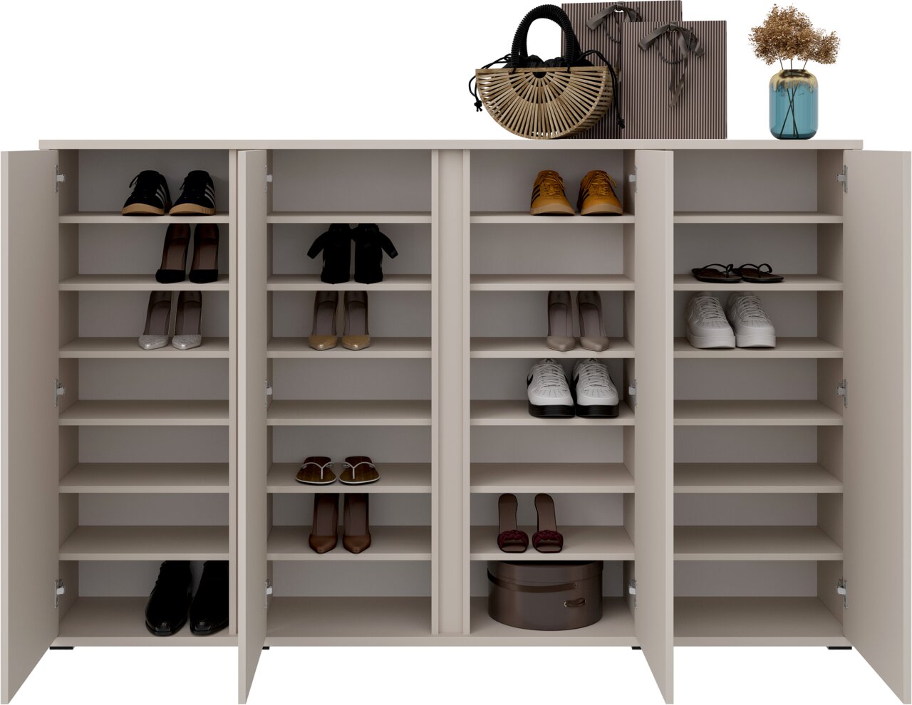 Moderner Schuhschrank mit mehreren offenen Türen, gefüllt mit verschiedenen Schuhen und dekorativen Gegenständen auf der Oberseite, frontal betrachtet.