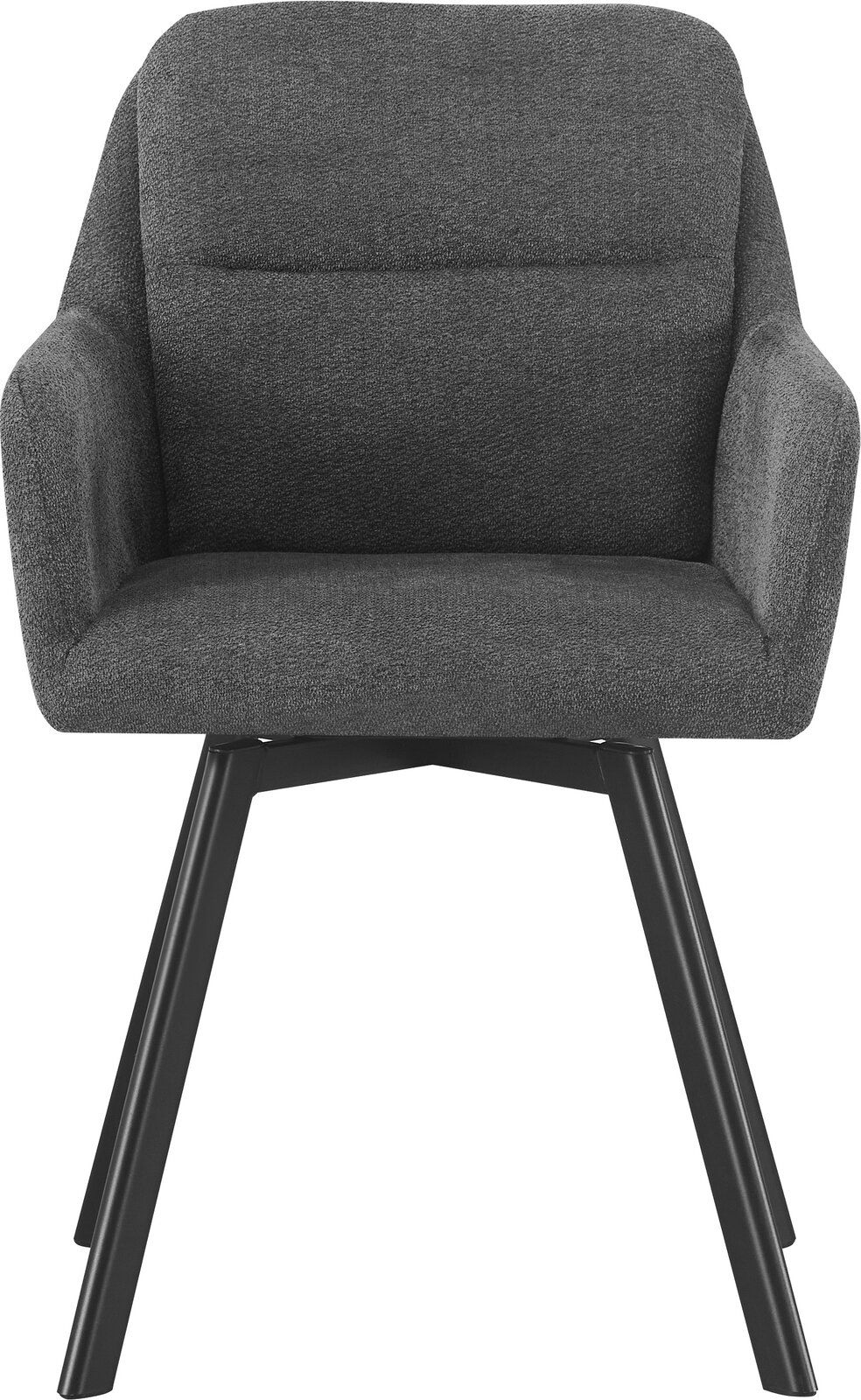 Gepolsterter Armlehnstuhl in dunkelgrauem Stoffbezug mit schwarzen, schräg gestellten Beinen, Frontansicht.