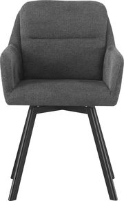 Gepolsterter Armlehnstuhl in dunkelgrauem Stoffbezug mit schwarzen, schräg gestellten Beinen, Frontansicht.