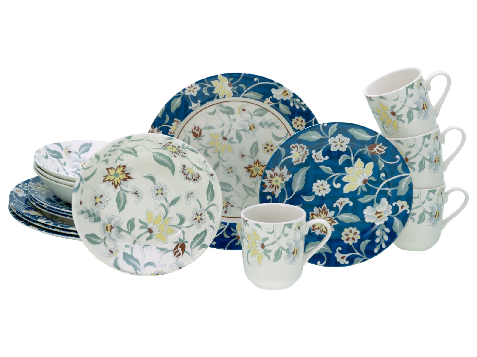 creaTable Kombiservice 16-tlg ODESSA Blumenverziertes Porzellan-Geschirrset mit Tellern, Schalen und Tassen in Weiß und Blau, arrangiert in Frontansicht leicht schräg von vorne auf weißem Hintergrund