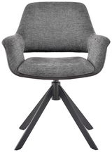 Grauer Sessel mit gepolsterter Sitzfläche und Rückenlehne, schwarzes Metallgestell, Frontalansicht