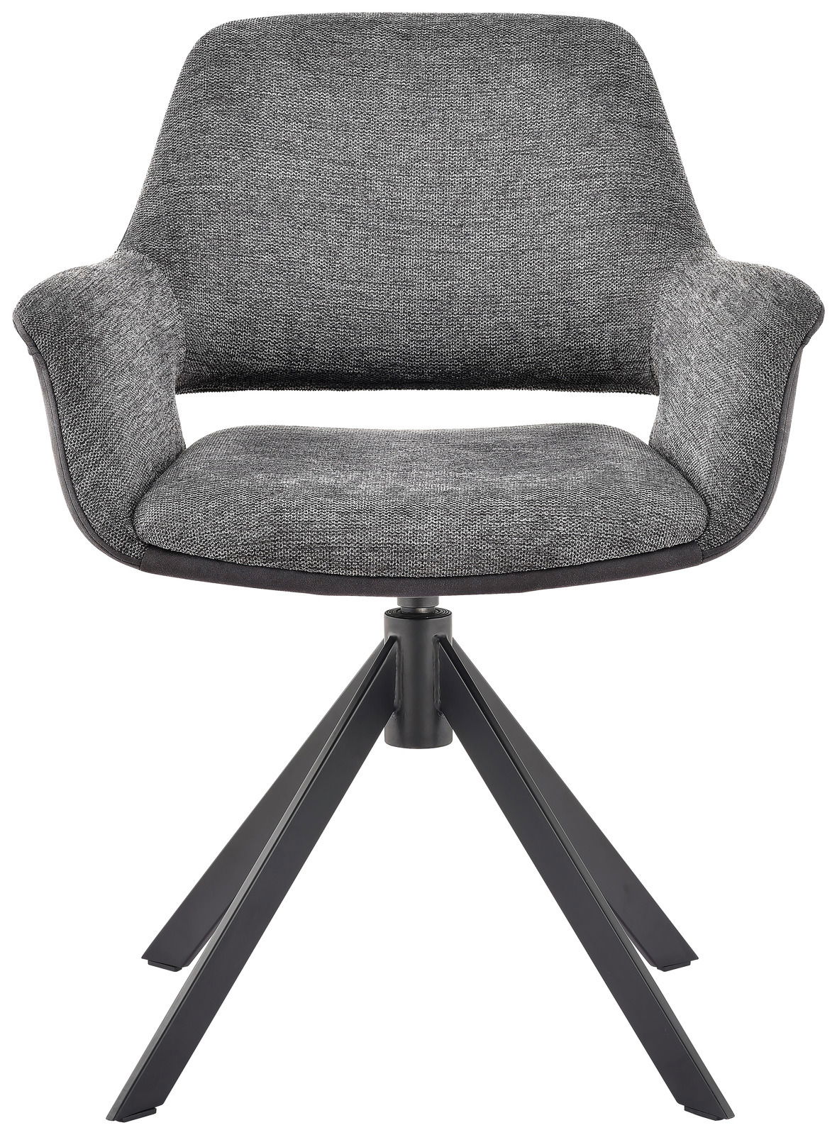 Grauer Sessel mit gepolsterter Sitzfläche und Rückenlehne, schwarzes Metallgestell, Frontalansicht