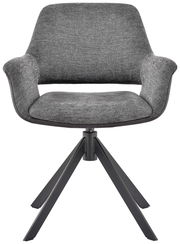 Grauer Sessel mit gepolsterter Sitzfläche und Rückenlehne, schwarzes Metallgestell, Frontalansicht