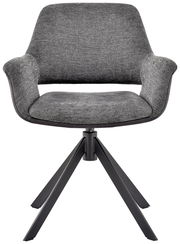 Grauer Sessel mit gepolsterter Sitzfläche und Rückenlehne, schwarzes Metallgestell, Frontalansicht