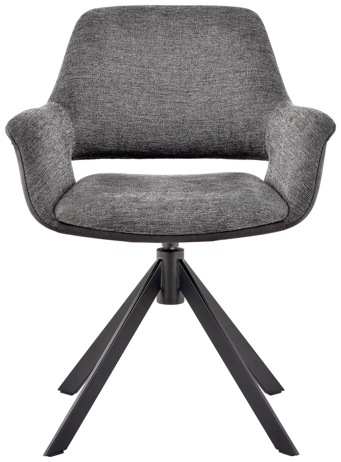 Grauer Sessel mit gepolsterter Sitzfläche und Rückenlehne, schwarzes Metallgestell, Frontalansicht