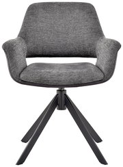 Grauer Sessel mit gepolsterter Sitzfläche und Rückenlehne, schwarzes Metallgestell, Frontalansicht