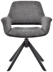 Grauer Sessel mit gepolsterter Sitzfläche und Rückenlehne, schwarzes Metallgestell, Frontalansicht