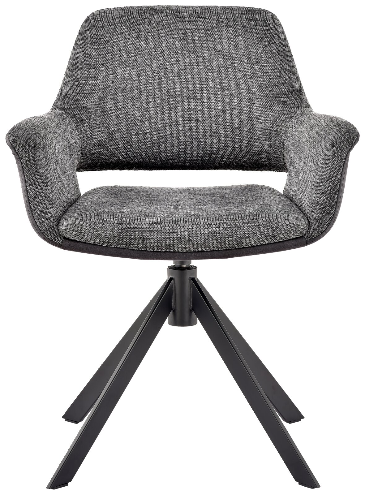 Grauer Sessel mit gepolsterter Sitzfläche und Rückenlehne, schwarzes Metallgestell, Frontalansicht