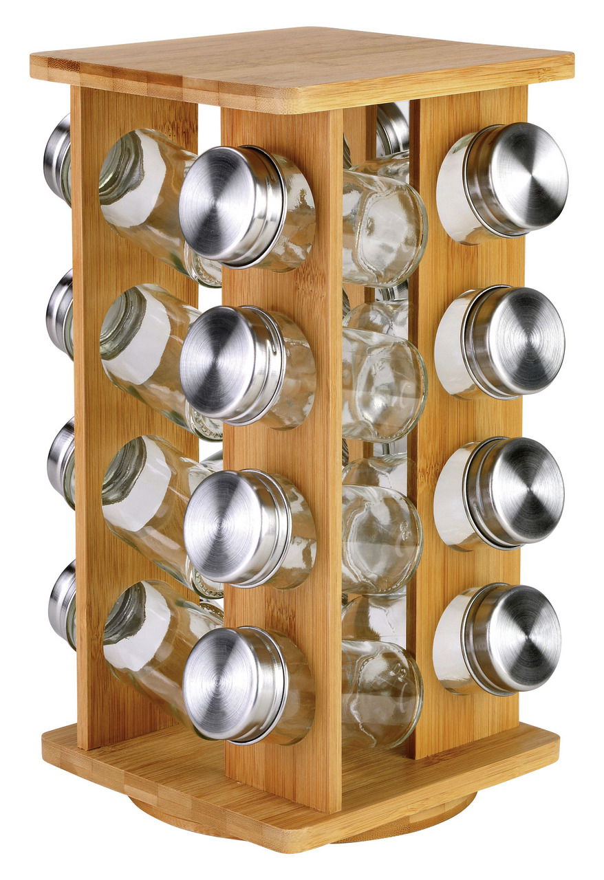 Gewürzkarussell aus Holz mit 16 Gläsern und silbernen Deckeln, seitliche Perspektive