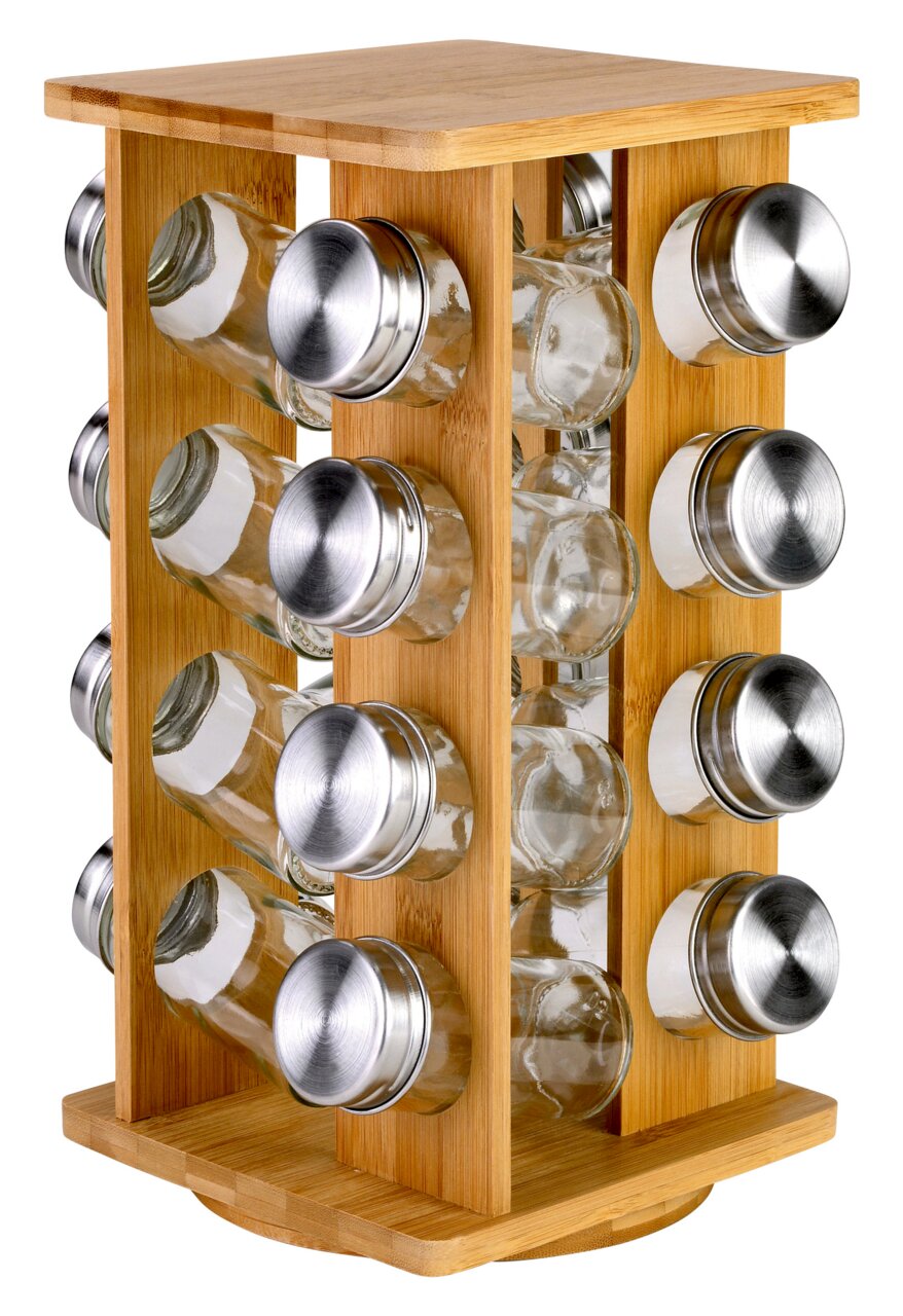 Justinus Gewürzkarussel inkl. 16 Gläsern Gewürzkarussell aus Holz mit 16 Gläsern und silbernen Deckeln, seitliche Perspektive
