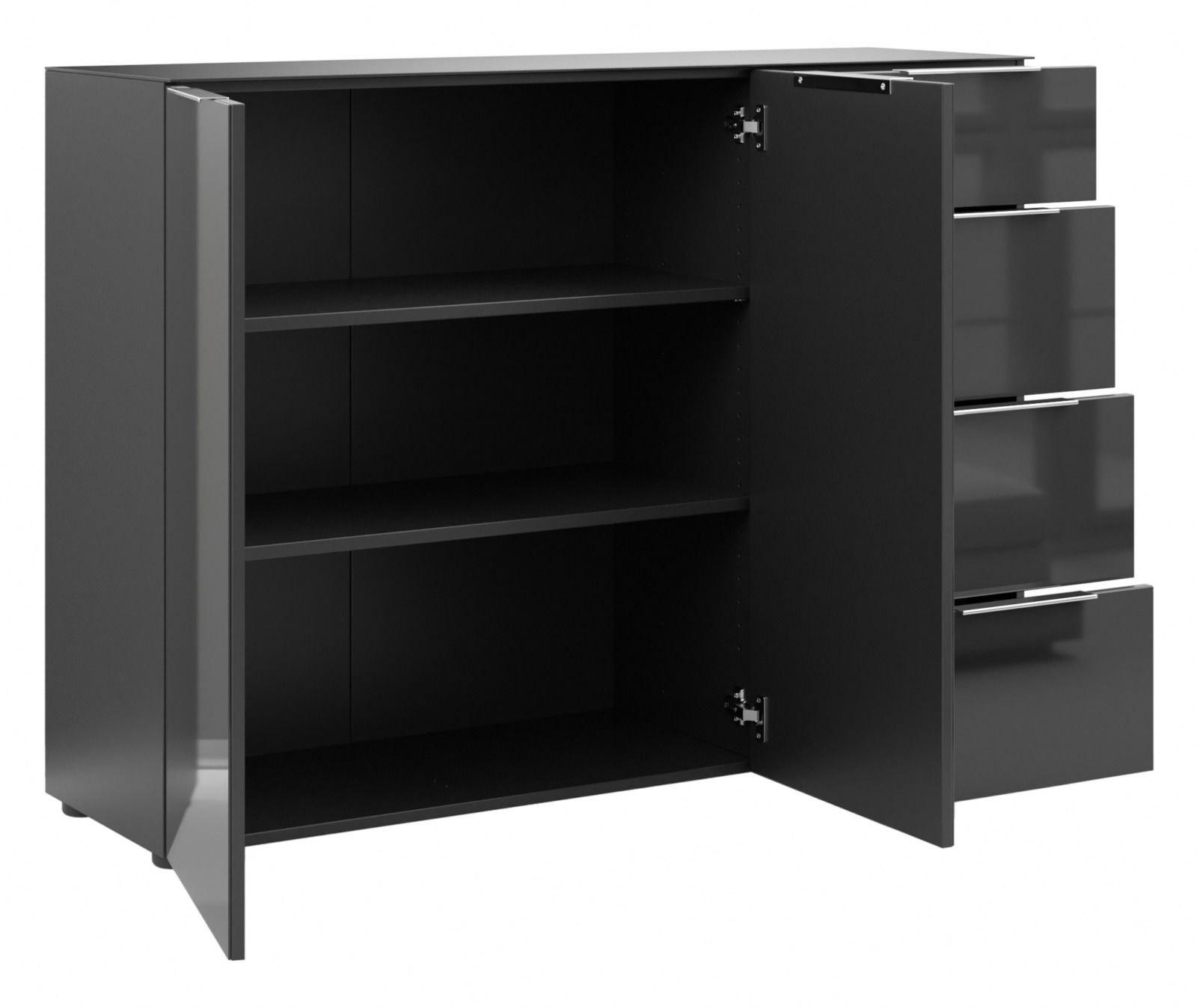 Schwarzes Sideboard mit offenen Türen und Schubladen, seitliche Perspektive