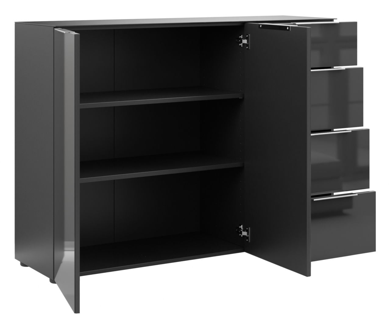 Schwarzes Sideboard mit offenen Türen und Schubladen, seitliche Perspektive