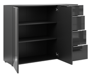Schwarzes Sideboard mit offenen Türen und Schubladen, seitliche Perspektive