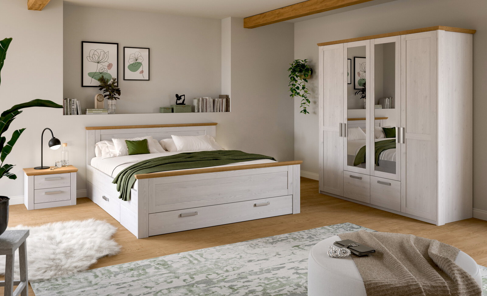 Schlafzimmer-Set in Weiß mit Holz-Akzenten: Doppelbett mit Schubladen, Nachttisch und Kleiderschrank mit Spiegeltüren, gezeigt in frontaler Perspektive mit leichtem Blick von links.