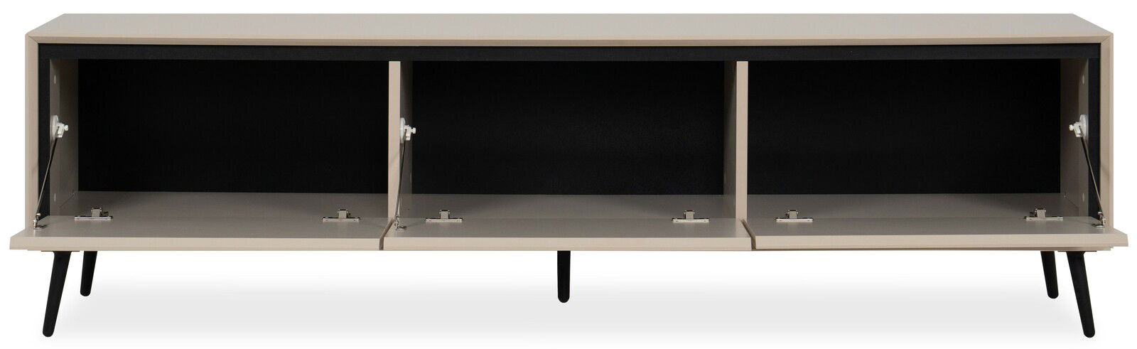 Frontansicht eines modernen TV-Lowboards mit drei offenen Fächern und schwarzen Beinen.