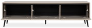 Frontansicht eines modernen TV-Lowboards mit drei offenen Fächern und schwarzen Beinen.