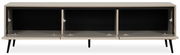 Frontansicht eines modernen TV-Lowboards mit drei offenen Fächern und schwarzen Beinen.