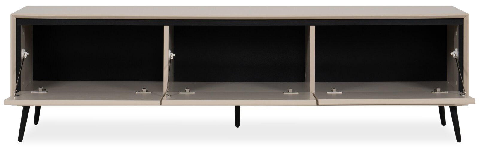 Vooraanzicht van een modern tv-lowboard met drie open vakken en zwarte poten.