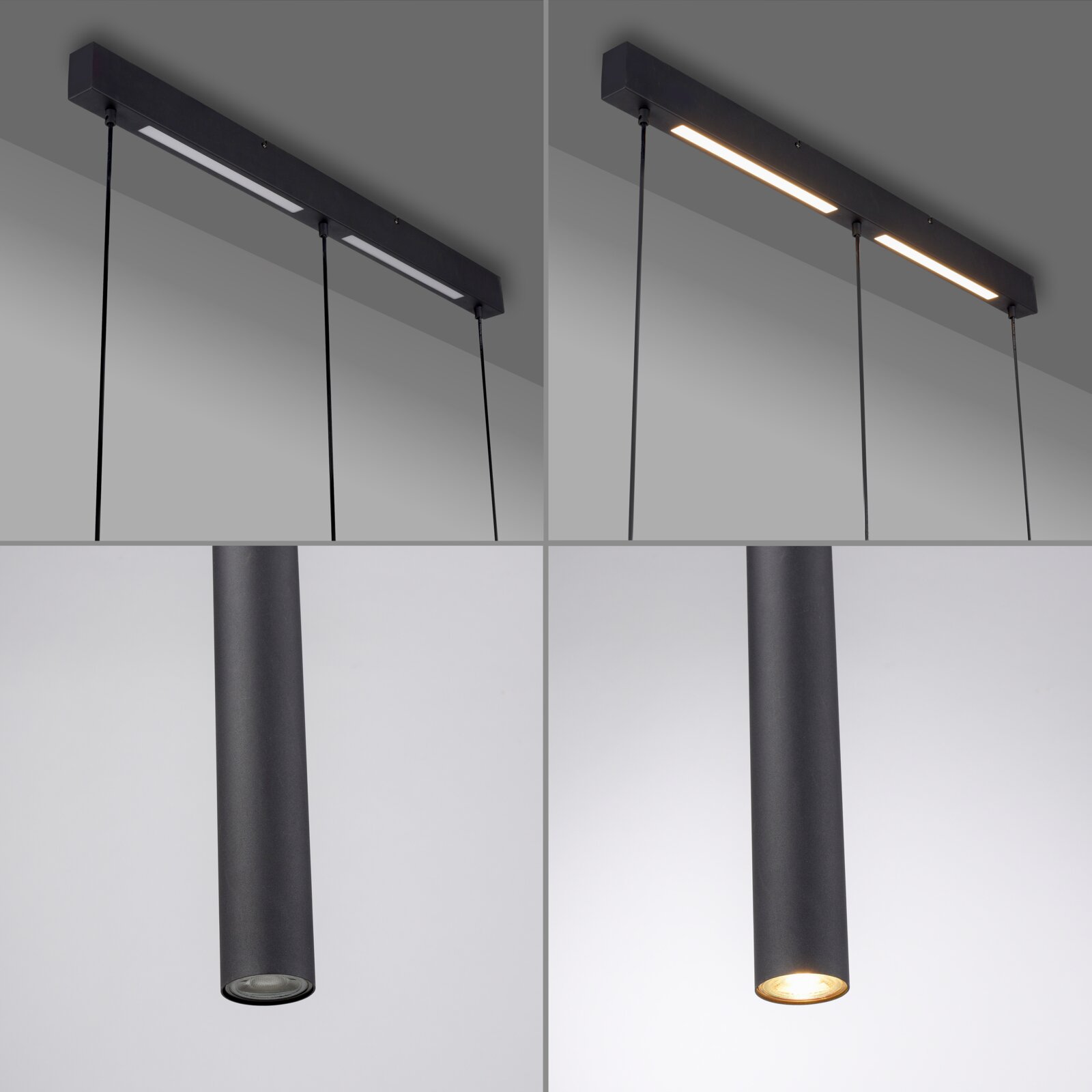 Moderne schwarze LED-Pendelleuchte mit langem Deckenbalken und zylindrischem Spot, gezeigt in schräger Untersicht; links ausgeschaltet, rechts eingeschaltet mit warmweißem Licht.