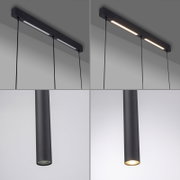 Moderne schwarze LED-Pendelleuchte mit langem Deckenbalken und zylindrischem Spot, gezeigt in schräger Untersicht; links ausgeschaltet, rechts eingeschaltet mit warmweißem Licht.