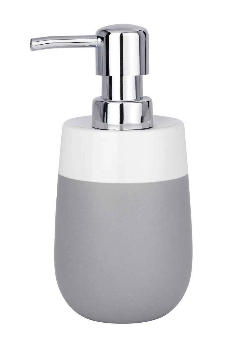 Keramik Seifenspender Malta in Grau und Weiß mit glänzendem Chrom-Pumpkopf, seitliche Ansicht