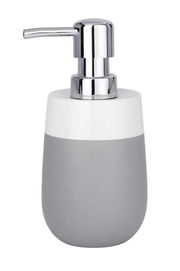 Keramik Seifenspender Malta in Grau und Weiß mit glänzendem Chrom-Pumpkopf, seitliche Ansicht